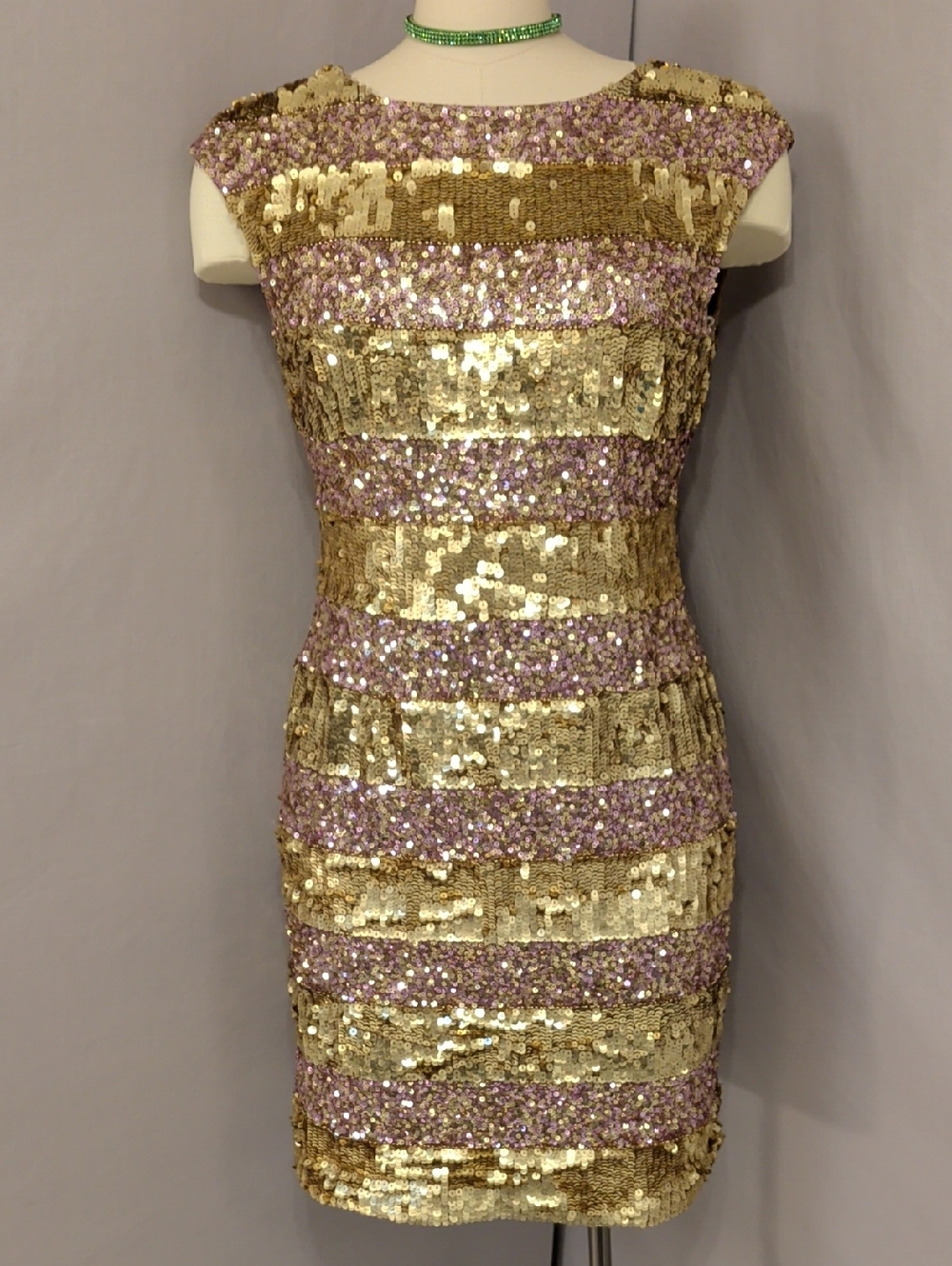 Gold and Lilac Sequin Striped Mini Dress Stretchy Bodycon Flex Fit Sexy Chetta B